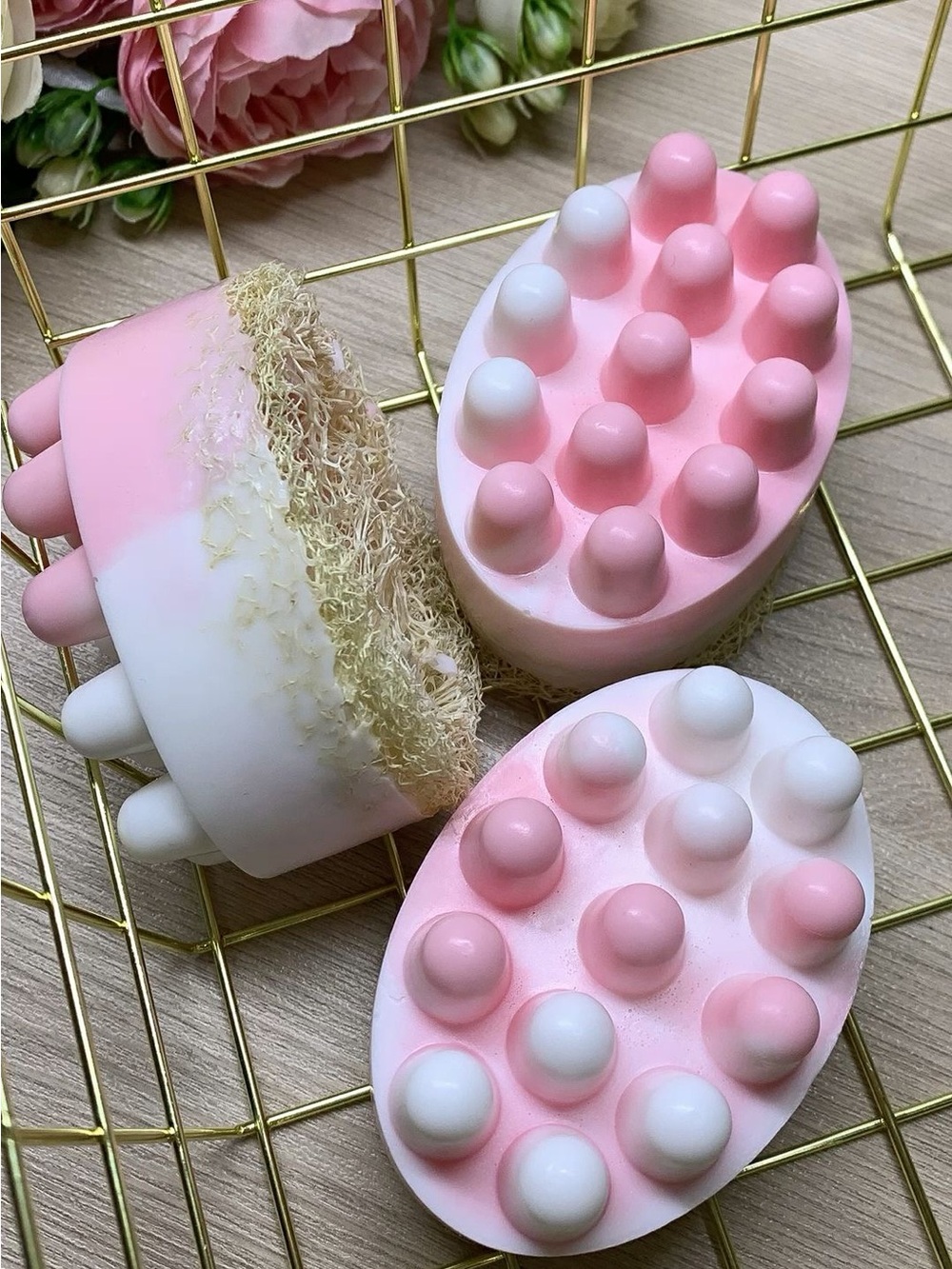 Pink & White Massage Soap Bar with Exfoliating Loofah (3pieces)